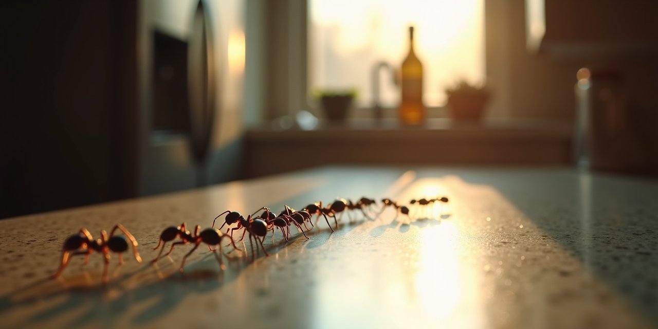 Ant trail along a kitchen baseboard in a Westchester home, showing workers following a pheromone trail toward a food source