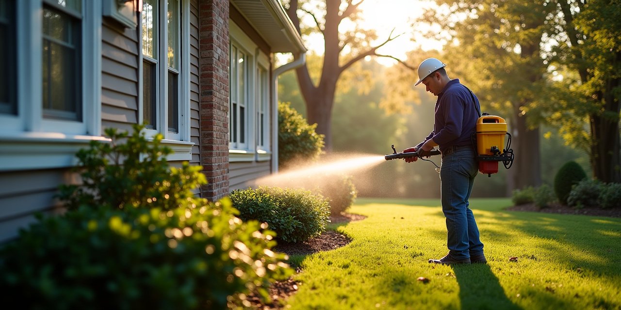 Pest control professional applying targeted bait treatment at an active ant trail along a home's foundation in Westchester