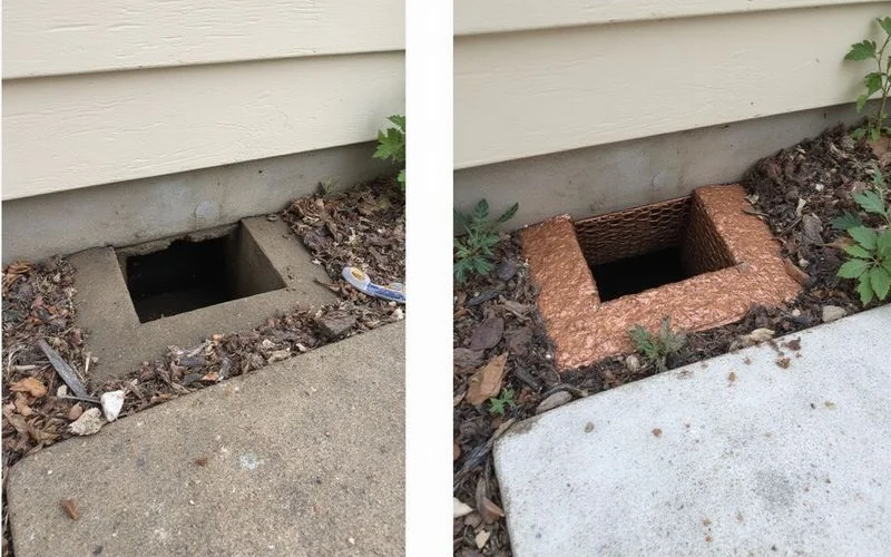 Before and after photos showing deteriorated foundation utility penetration professionally sealed with copper mesh expanding foam and weatherproof sealant