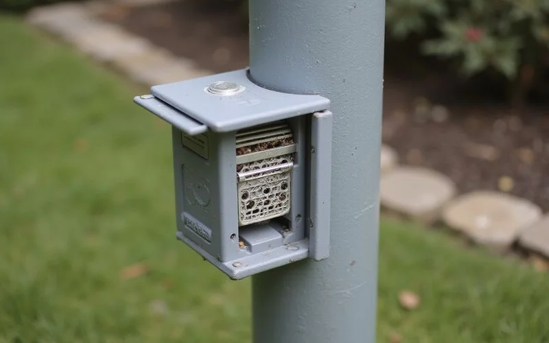 Detailed view of Sentricon station components showing bait matrix housing ground level cap and in-station monitoring indicators