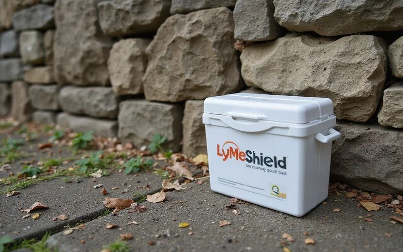 LymeShield bait box placed along a stone wall in a wooded Westchester County residential property