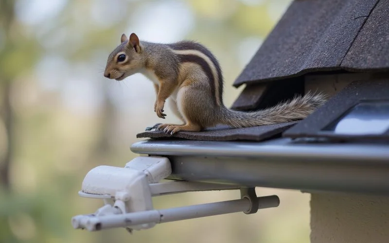 One way exclusion device installed at a roof soffit junction to humanely exclude squirrels from attic