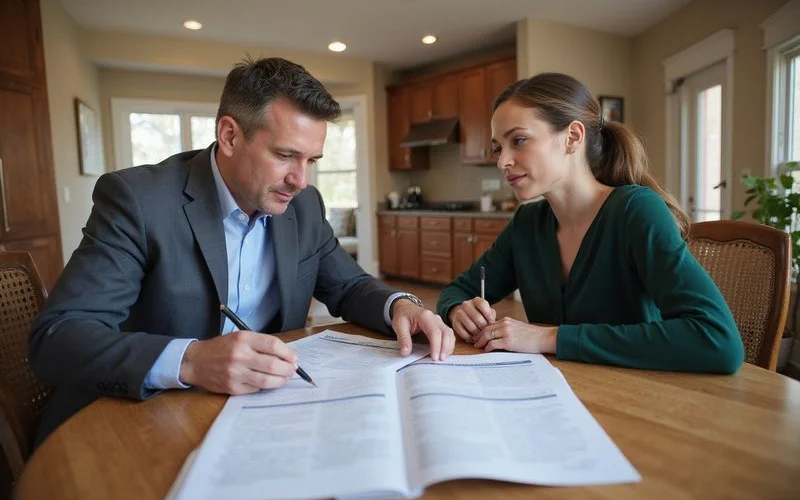 Real estate agent reviewing completed NPMA 33 WDI inspection report with home buyers at kitchen table during Westchester County property transaction