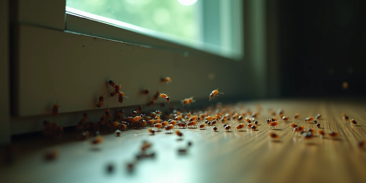 Winged Eastern subterranean termite swarmers clustered near a Scarsdale home window during the 2026 spring swarm season