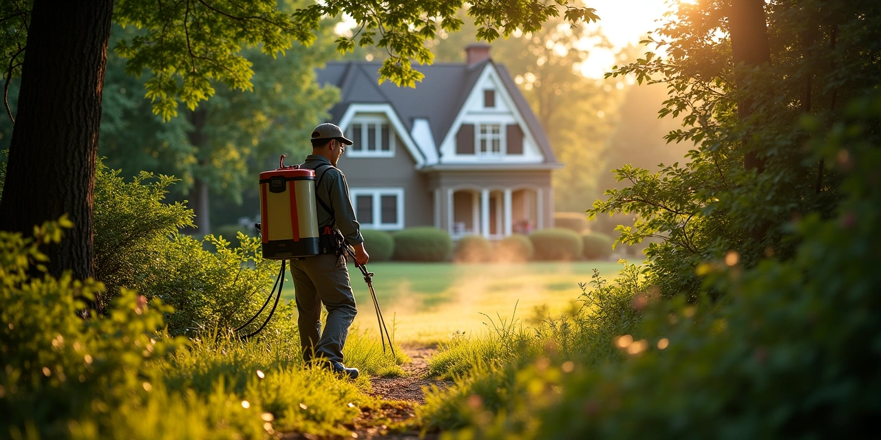 Pest control technician applying mosquito barrier treatment along wooded perimeter of a Westchester Tudor home