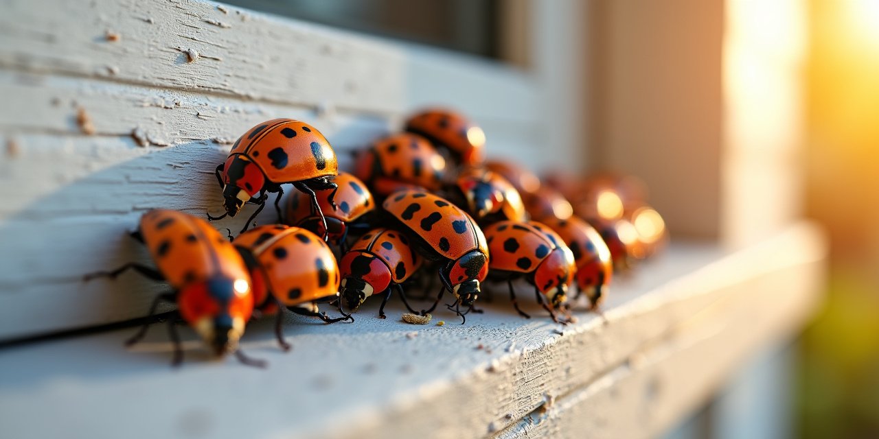 Cluster of orange and black-spotted Asian lady beetles on a sunlit window frame of a Westchester home