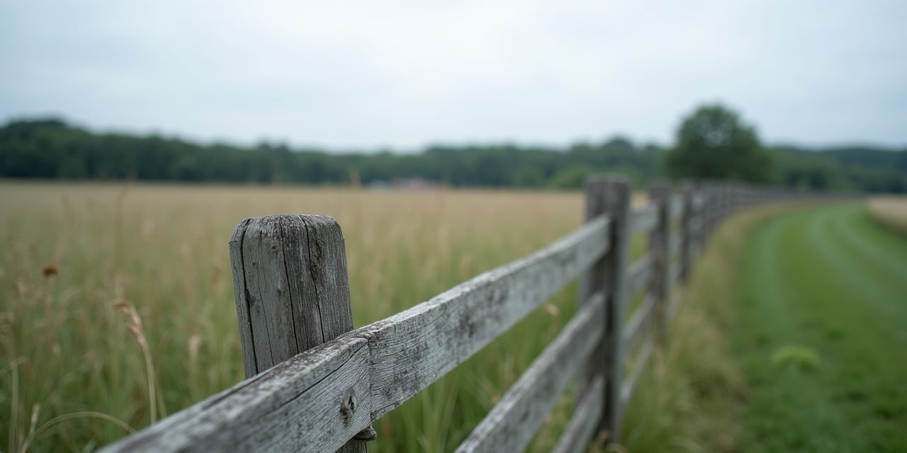 Weathered wooden pasture fence at the edge of a Hudson Valley hay farm under overcast sky