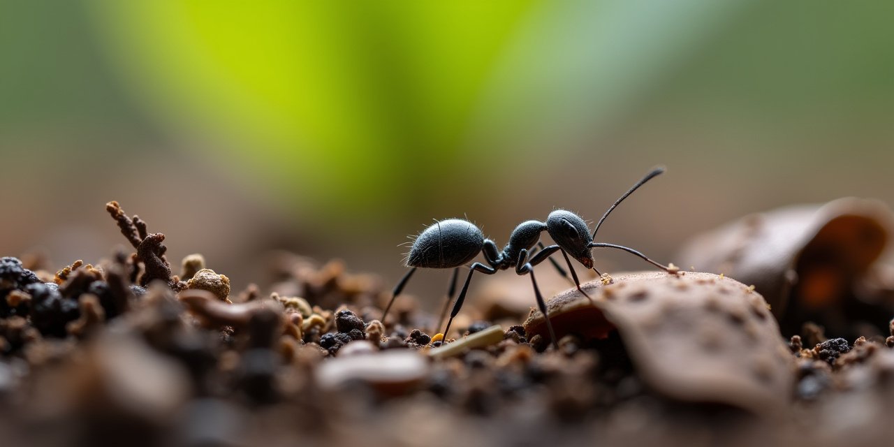 Close-up of a small dark Asian needle ant on mulch and leaf litter in a suburban yard
