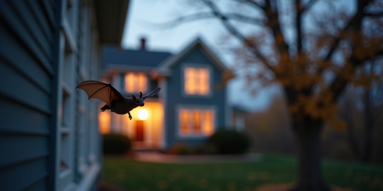 Small brown bat near a residential attic vent at dusk with a suburban house in the background