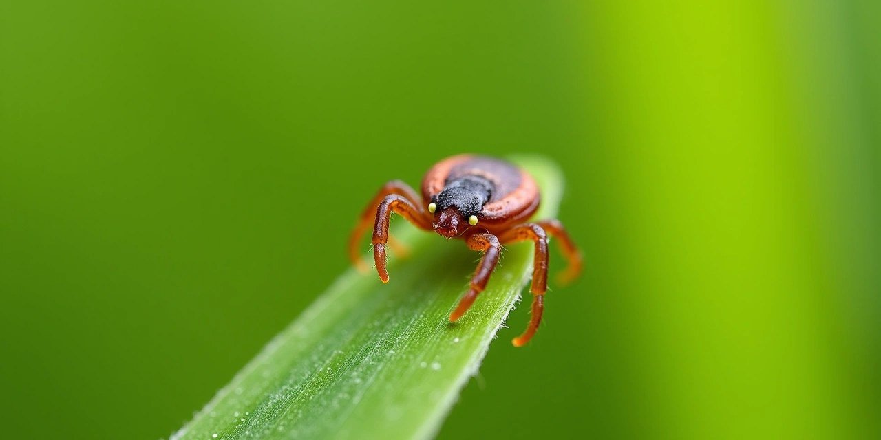 Lone star tick with its distinctive single white dot on a blade of grass at a lawn edge