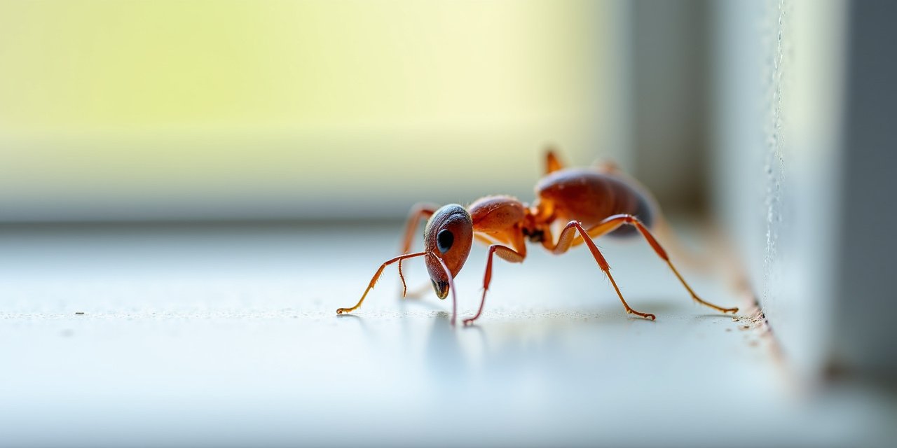 Winged carpenter ant swarmer on an indoor windowsill in natural light