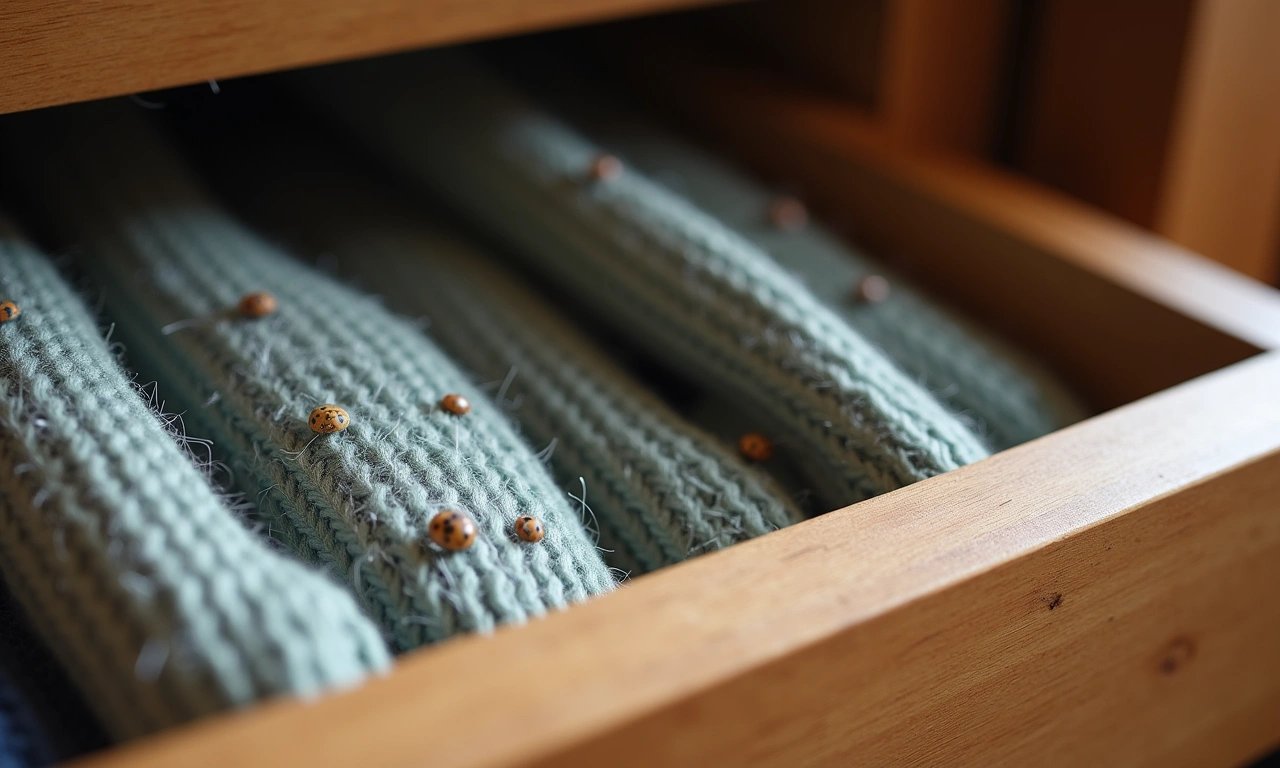 Wool sweater with small holes in a bedroom drawer beside a dusty baseboard corner where carpet beetle larvae hide