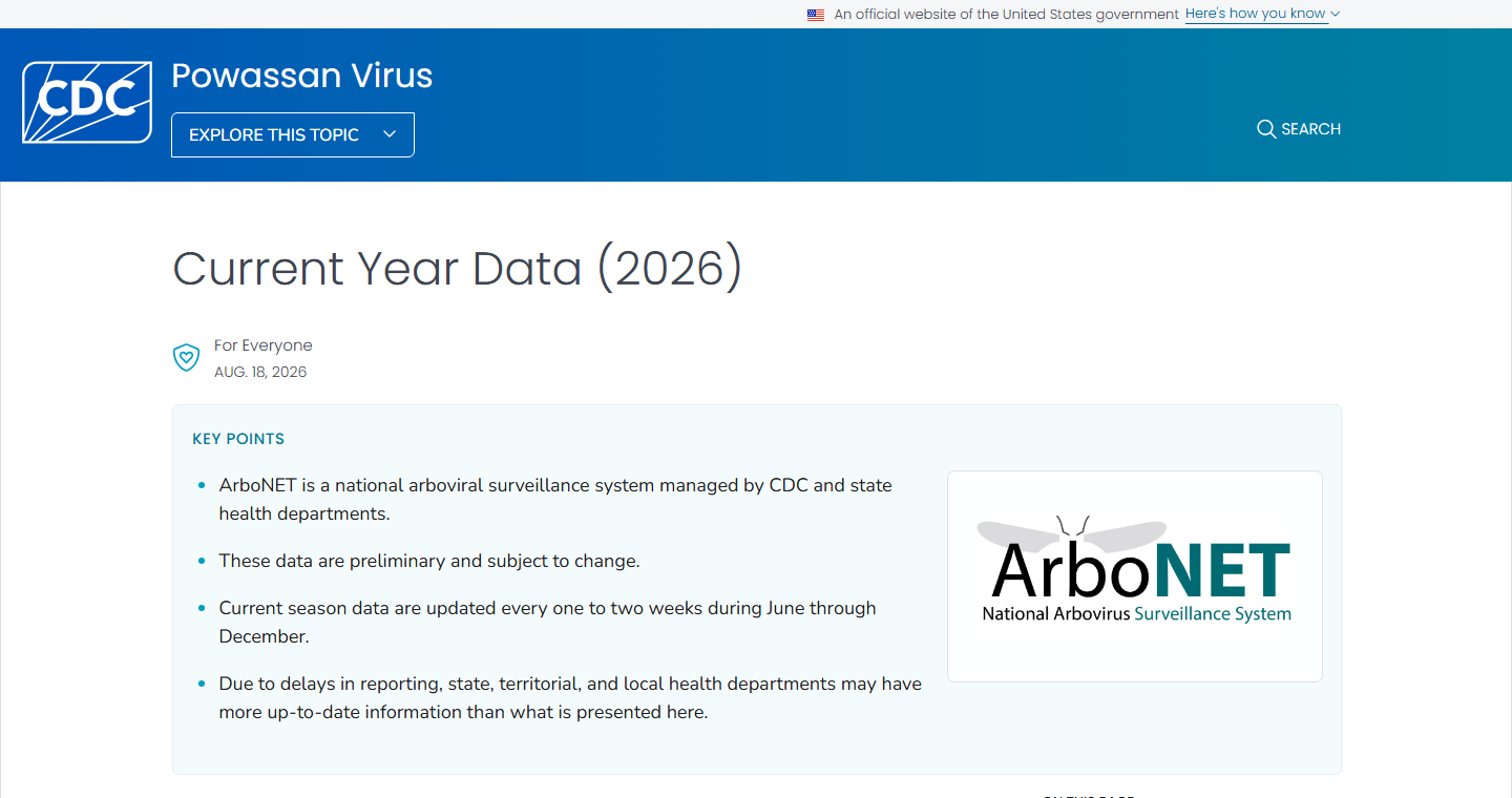 Screenshot of the CDC ArboNET Current Year Data 2026 page for Powassan virus, showing key surveillance points dated August 18, 2026