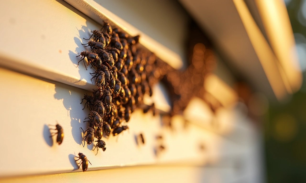 Dozens of dark cluster flies crowded on a sunlit siding wall under the eaves of a suburban house in autumn