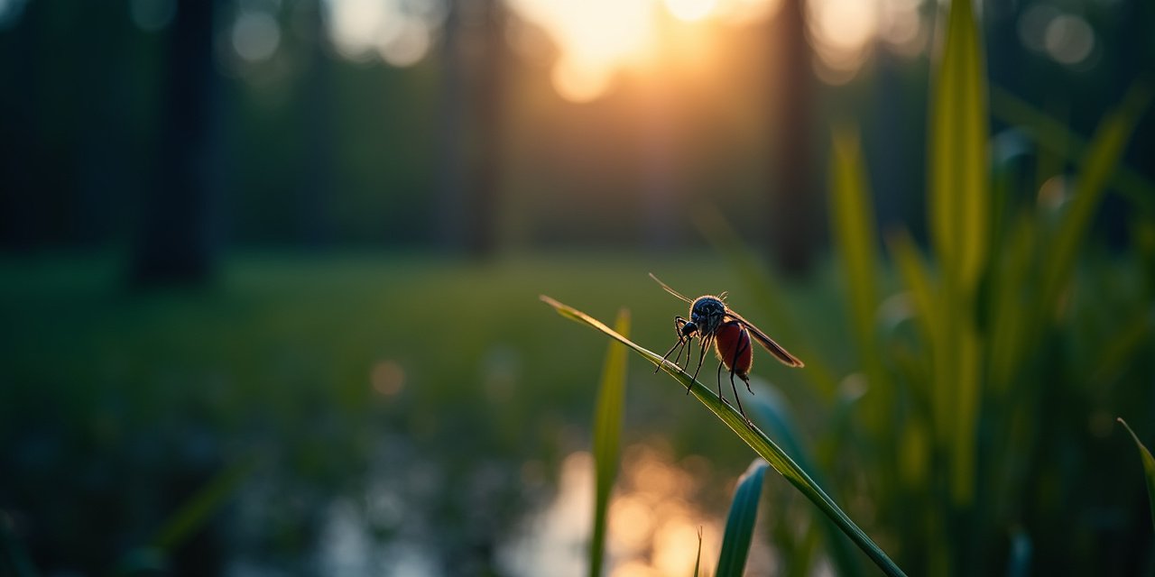 Mosquito resting on a blade of grass at dusk near a wooded wetland