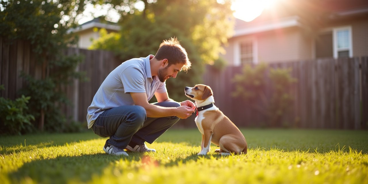 Pet owner checking their dog's fur outdoors in a backyard during late summer