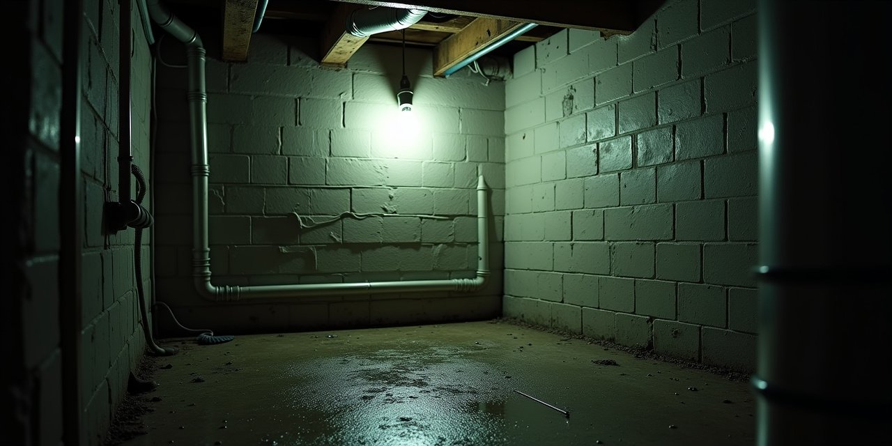 Damp basement corner with condensation on cinder block walls and pipes