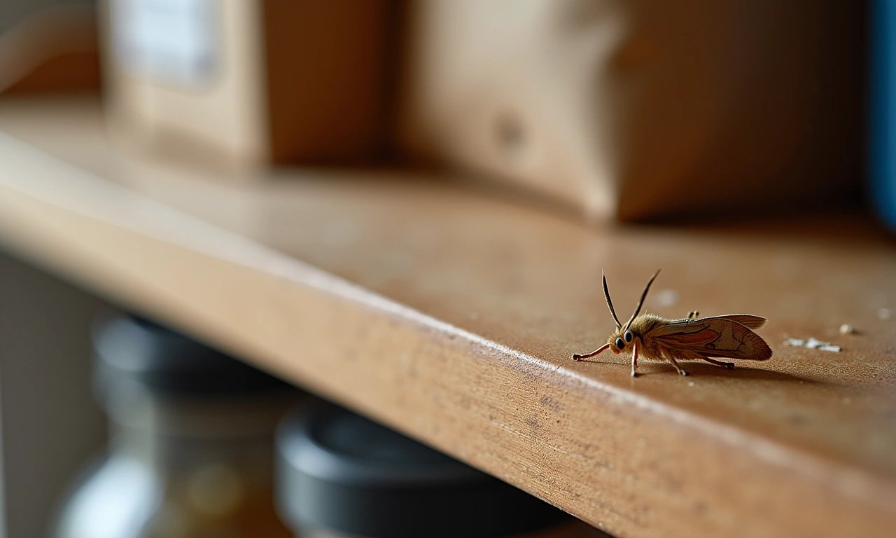 Open cereal box and flour bag on a pantry shelf with fine webbing and a small copper-tan moth resting nearby