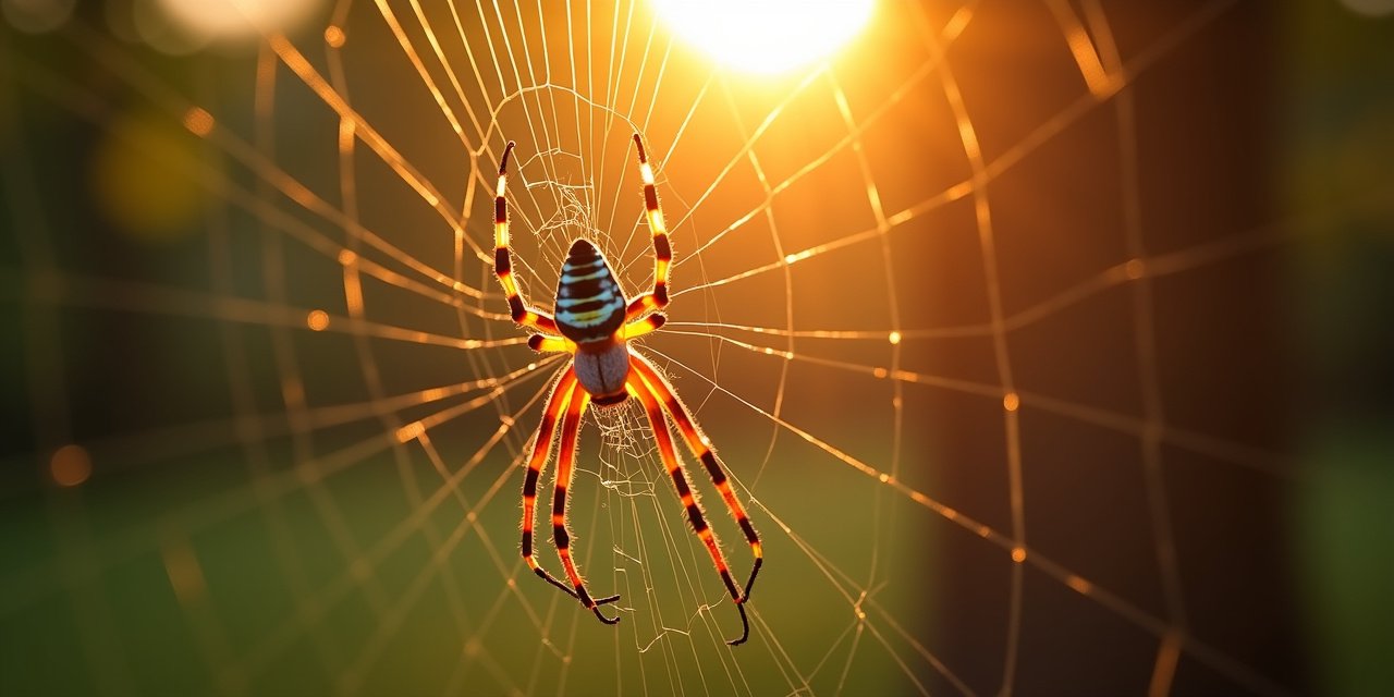 Large yellow and black banded orb-weaver spider on a golden web at golden hour