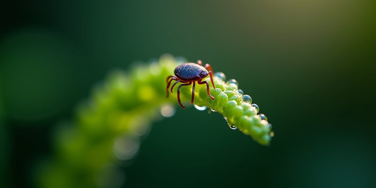 Blacklegged deer tick on a dew-covered leaf in a wooded backyard at dusk