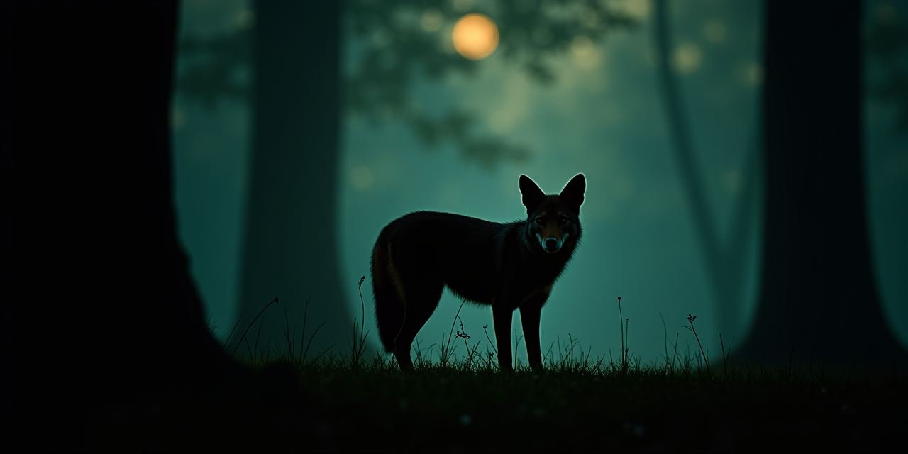 Coyote silhouette at the wooded edge of a suburban Westchester County property at dusk