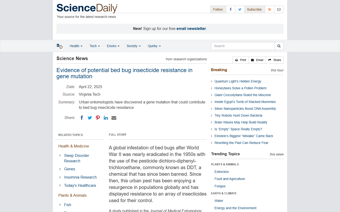 Screenshot of the ScienceDaily article headlined Evidence of potential bed bug insecticide resistance in gene mutation, dated April 22, 2025, sourced to Virginia Tech