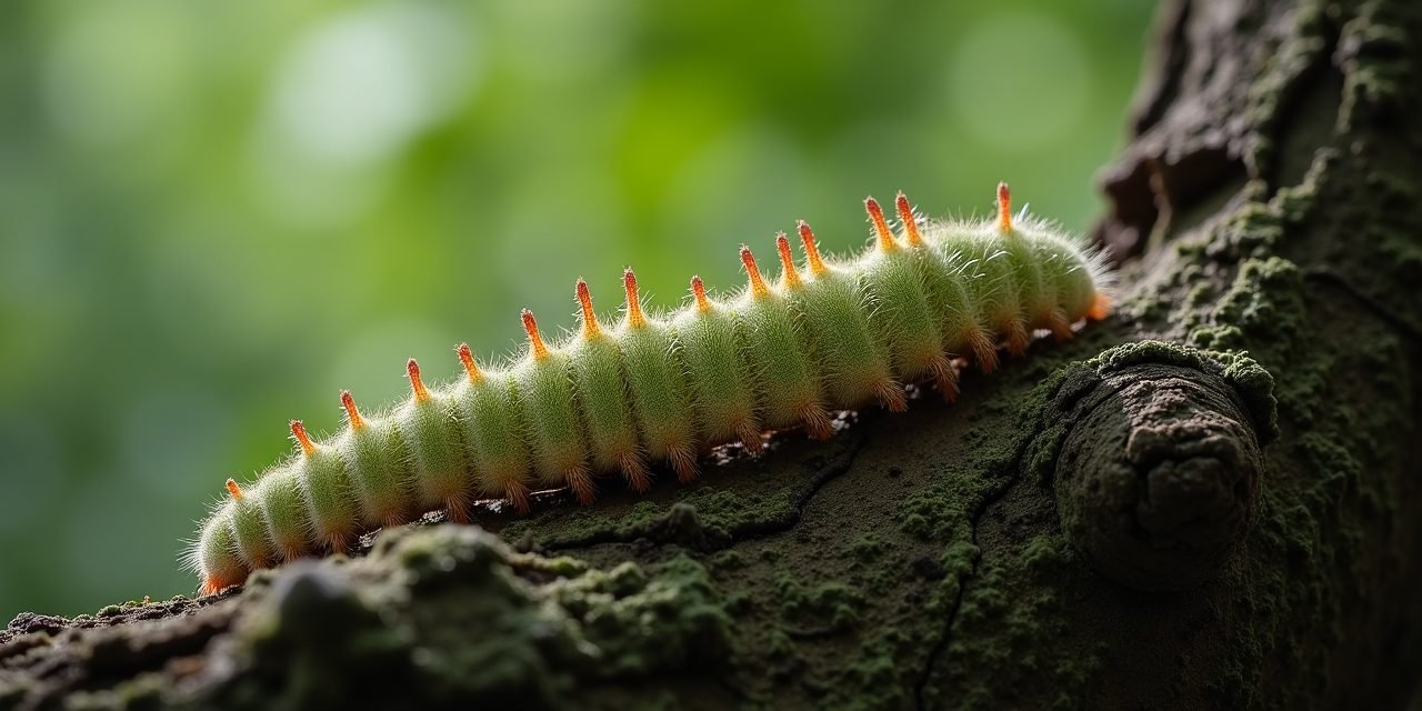 Spongy moth caterpillars resting on ridged oak tree bark in dappled woodland light