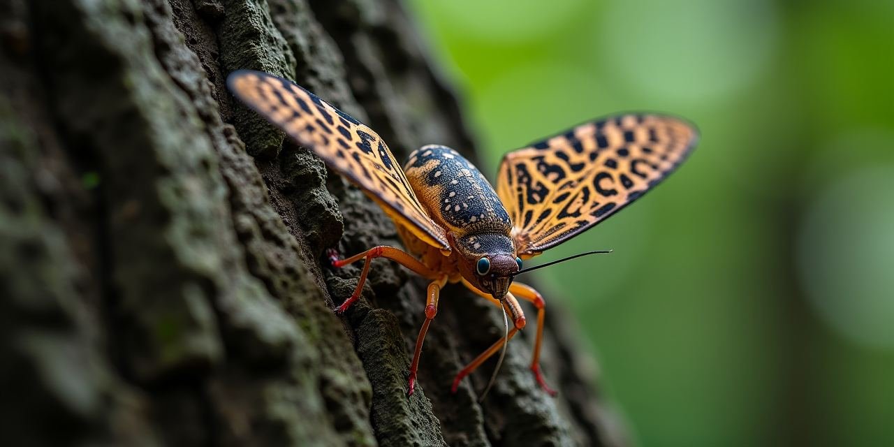 Adult spotted lanternfly with wings spread on tree bark in a Westchester County backyard