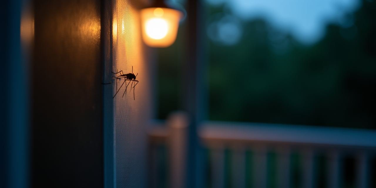 Mosquito resting on a screen door at dusk in a suburban Westchester County backyard