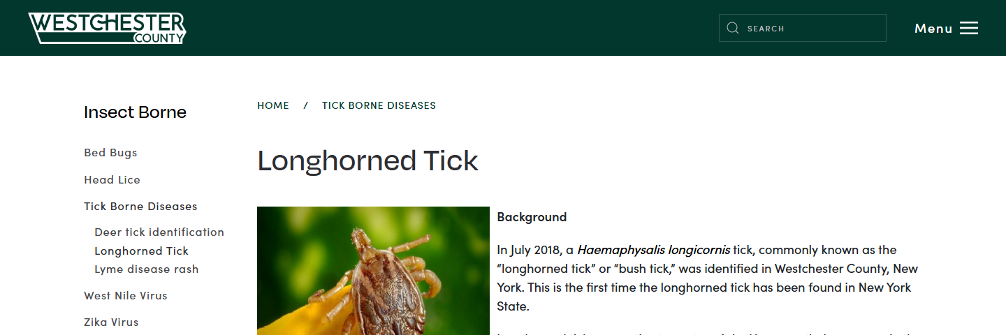 Screenshot of the Westchester County Department of Health's Longhorned Tick page, confirming the July 2018 first detection in Westchester County