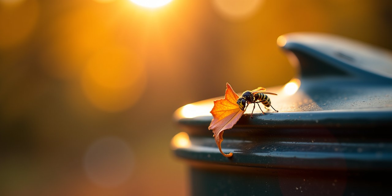 Yellow jacket wasp on a fall leaf near an outdoor trash can in golden autumn light